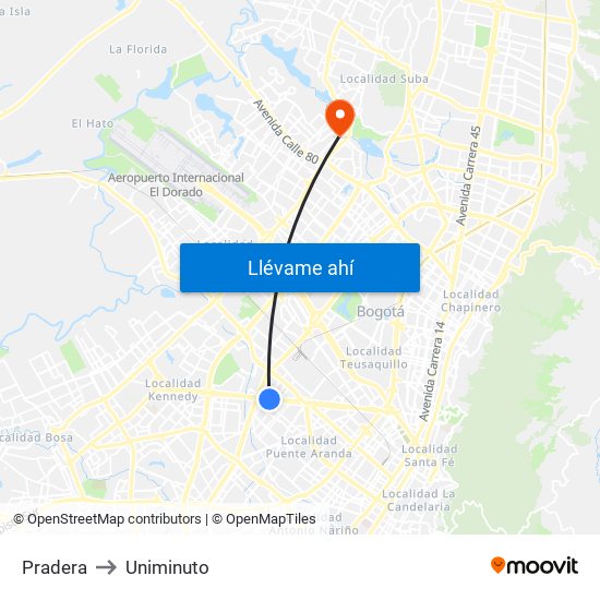 Pradera to Uniminuto map