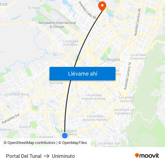 Portal Del Tunal to Uniminuto map
