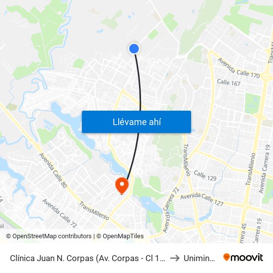 Clínica Juan N. Corpas (Av. Corpas - Cl 159a) to Uniminuto map