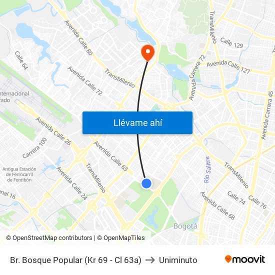 Br. Bosque Popular (Kr 69 - Cl 63a) to Uniminuto map