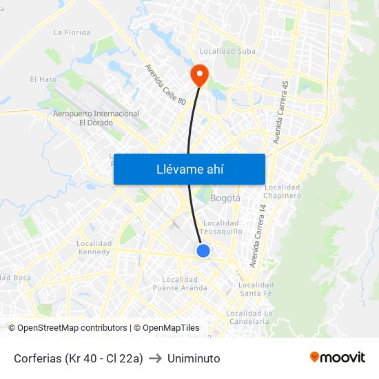 Corferias (Kr 40 - Cl 22a) to Uniminuto map