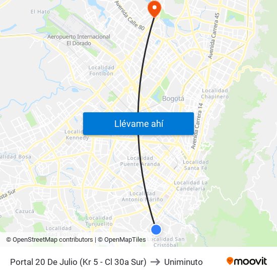 Portal 20 De Julio (Kr 5 - Cl 30a Sur) to Uniminuto map