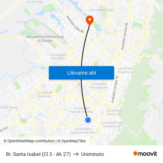 Br. Santa Isabel (Cl 3 - Ak 27) to Uniminuto map