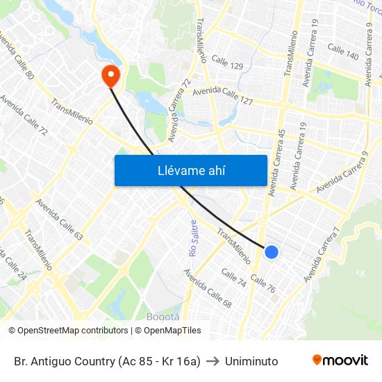 Br. Antiguo Country (Ac 85 - Kr 16a) to Uniminuto map