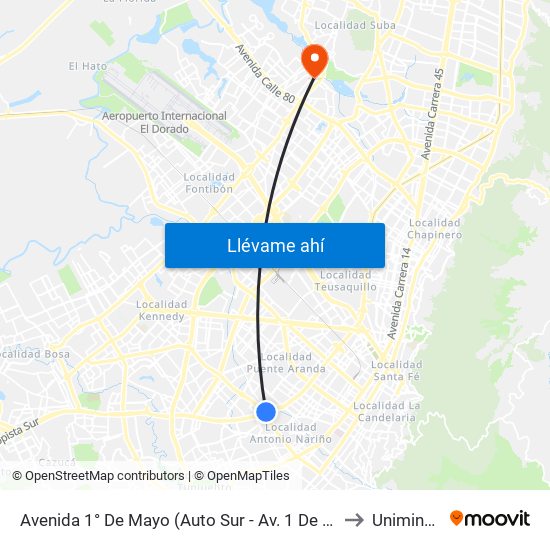 Avenida 1° De Mayo (Auto Sur - Av. 1 De Mayo) to Uniminuto map