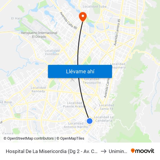 Hospital De La Misericordia (Dg 2 - Av. Caracas) to Uniminuto map