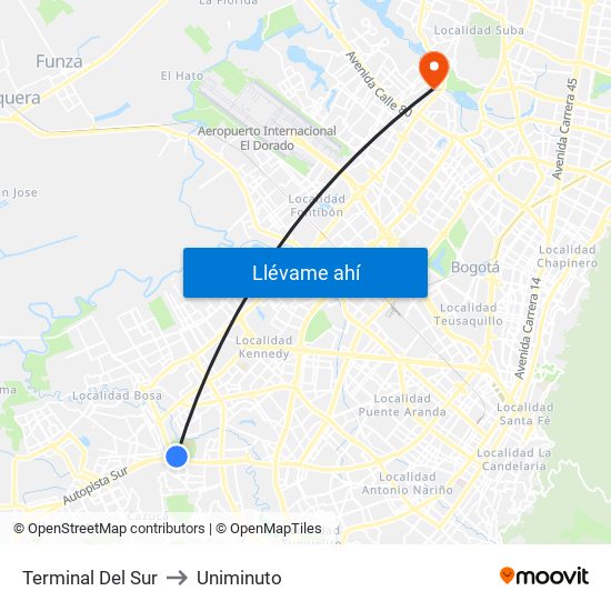 Terminal Del Sur to Uniminuto map