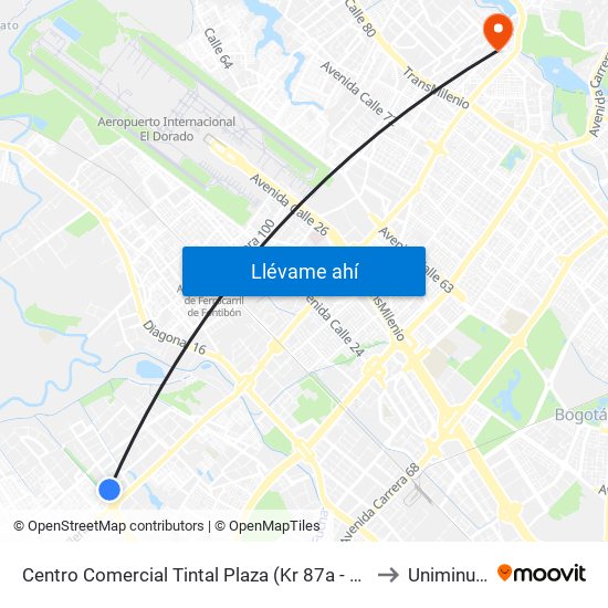 Centro Comercial Tintal Plaza (Kr 87a - Cl 6) to Uniminuto map