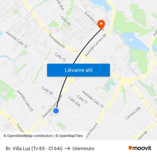 Br. Villa Luz (Tv 85 - Cl 64i) to Uniminuto map