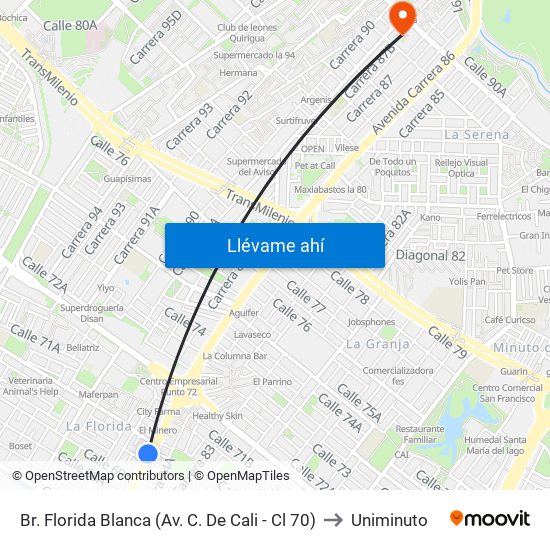 Br. Florida Blanca (Av. C. De Cali - Cl 70) to Uniminuto map