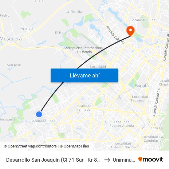 Desarrollo San Joaquín (Cl 71 Sur - Kr 88f) to Uniminuto map