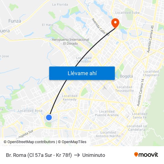 Br. Roma (Cl 57a Sur - Kr 78f) to Uniminuto map