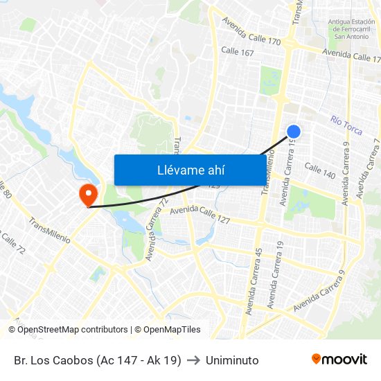 Br. Los Caobos (Ac 147 - Ak 19) to Uniminuto map