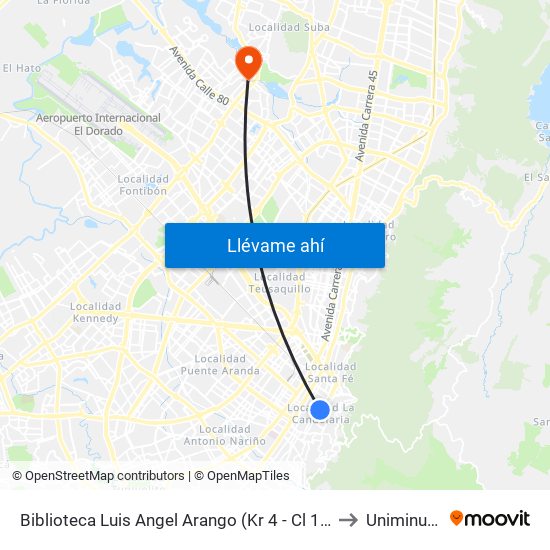 Biblioteca Luis Angel Arango (Kr 4 - Cl 12) to Uniminuto map