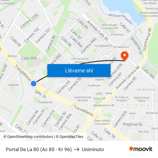 Portal De La 80 (Ac 80 - Kr 96) to Uniminuto map