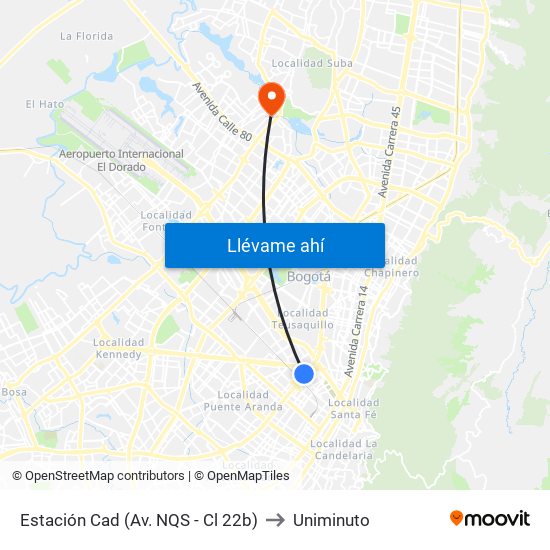 Estación Cad (Av. NQS - Cl 22b) to Uniminuto map