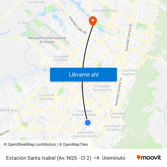 Estación Santa Isabel (Av. NQS - Cl 2) to Uniminuto map