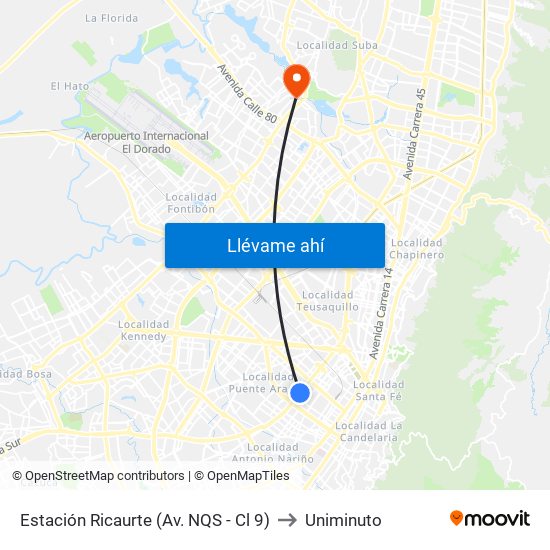 Estación Ricaurte (Av. NQS - Cl 9) to Uniminuto map