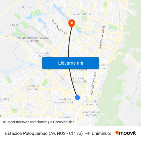 Estación Paloquemao (Av. NQS - Cl 17a) to Uniminuto map