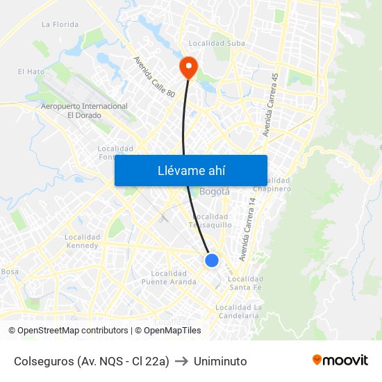 Colseguros (Av. NQS - Cl 22a) to Uniminuto map