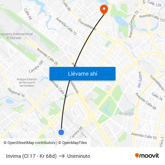 Invima (Cl 17 - Kr 68d) to Uniminuto map