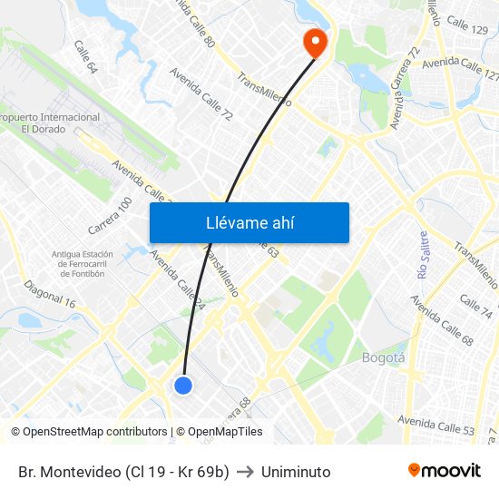 Br. Montevideo (Cl 19 - Kr 69b) to Uniminuto map