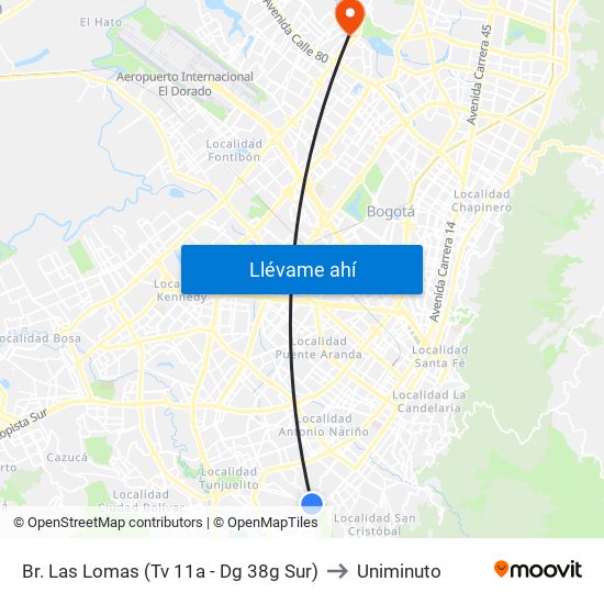 Br. Las Lomas (Tv 11a - Dg 38g Sur) to Uniminuto map