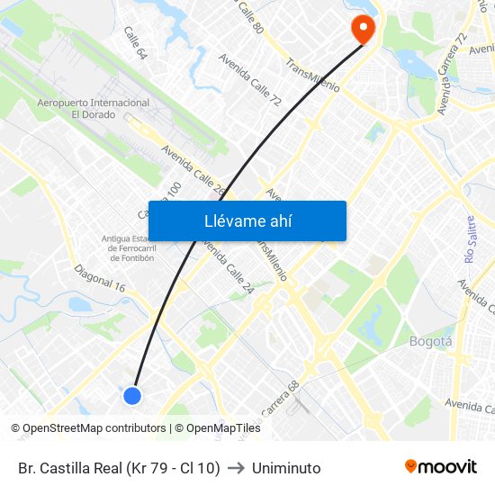 Br. Castilla Real (Kr 79 - Cl 10) to Uniminuto map
