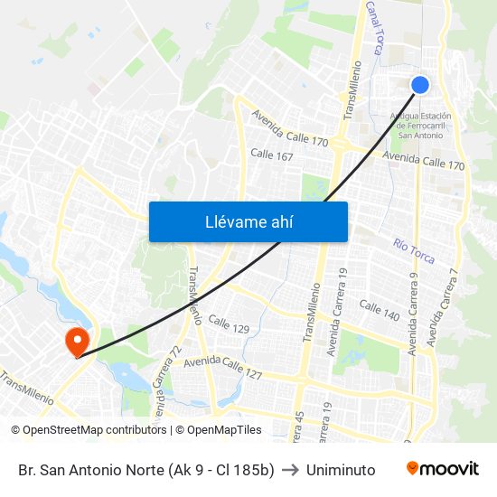 Br. San Antonio Norte (Ak 9 - Cl 185b) to Uniminuto map