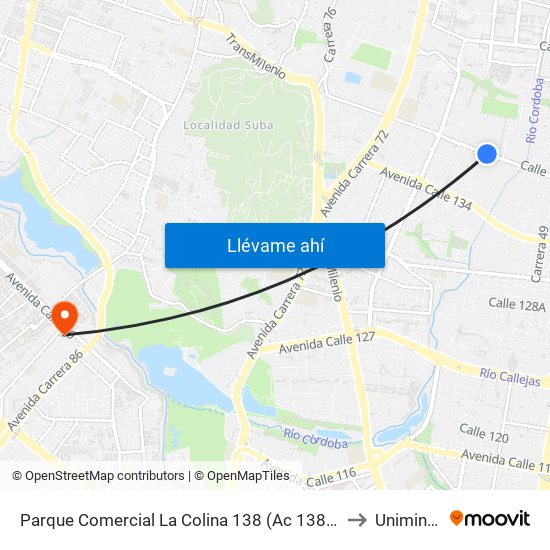 Parque Comercial La Colina 138 (Ac 138 - Kr 55) to Uniminuto map