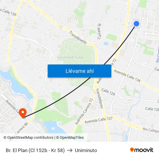 Br. El Plan (Cl 152b - Kr 58) to Uniminuto map