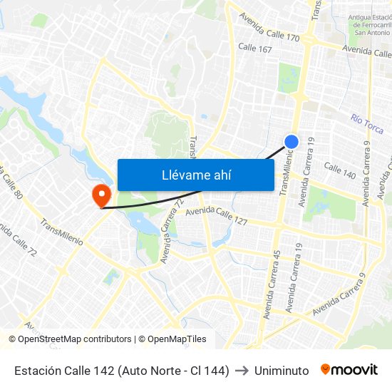 Estación Calle 142 (Auto Norte - Cl 144) to Uniminuto map
