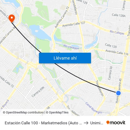 Estación Calle 100 - Marketmedios (Auto Norte - Cl 95) to Uniminuto map