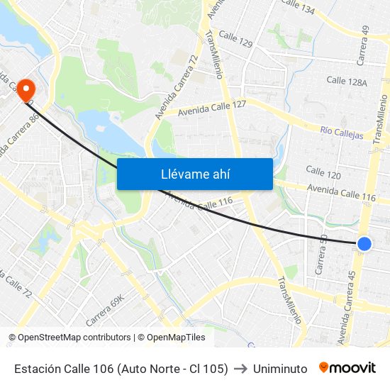 Estación Calle 106 (Auto Norte - Cl 105) to Uniminuto map