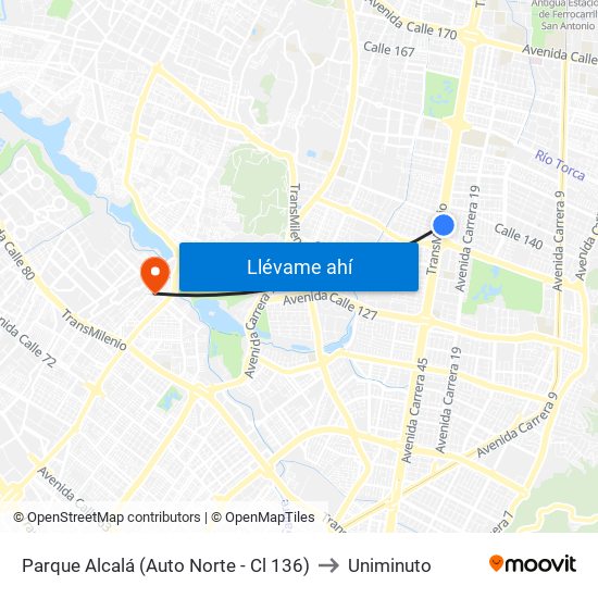 Parque Alcalá (Auto Norte - Cl 136) to Uniminuto map