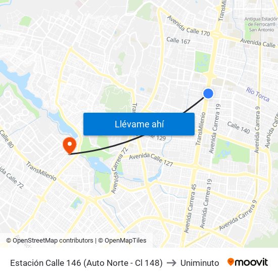Estación Calle 146 (Auto Norte - Cl 148) to Uniminuto map