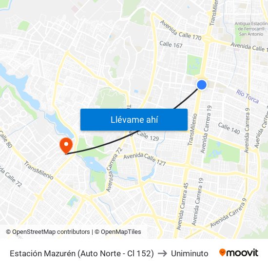 Estación Mazurén (Auto Norte - Cl 152) to Uniminuto map