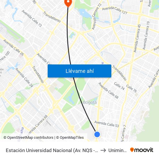 Estación Universidad Nacional (Av. NQS - Cl 45a) to Uniminuto map