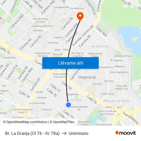 Br. La Granja (Cl 76 - Kr 78a) to Uniminuto map