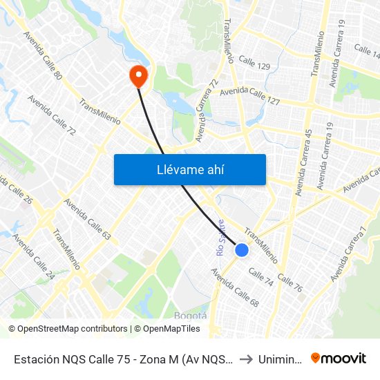 Estación NQS Calle 75 - Zona M (Av NQS - Cl 76) to Uniminuto map