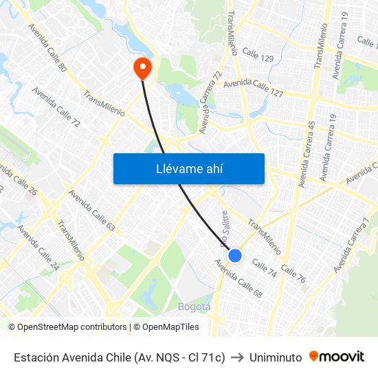 Estación Avenida Chile (Av. NQS - Cl 71c) to Uniminuto map