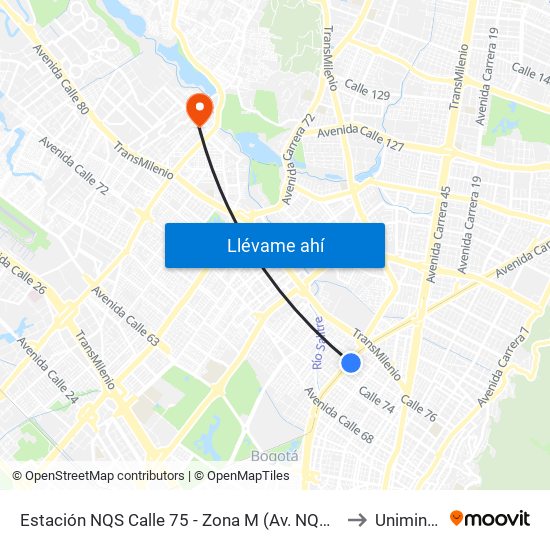 Estación NQS Calle 75 - Zona M (Av. NQS - Cl 75) to Uniminuto map