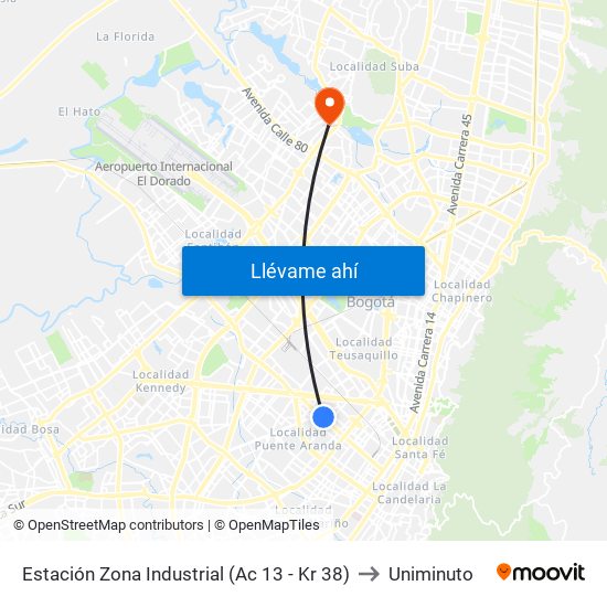 Estación Zona Industrial (Ac 13 - Kr 38) to Uniminuto map