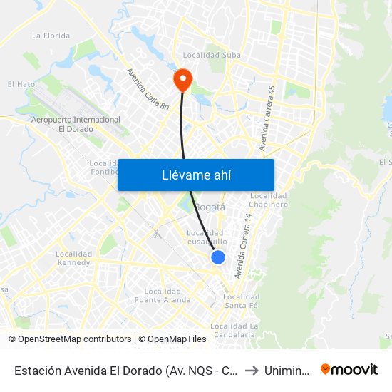 Estación Avenida El Dorado (Av. NQS - Cl 40a) to Uniminuto map