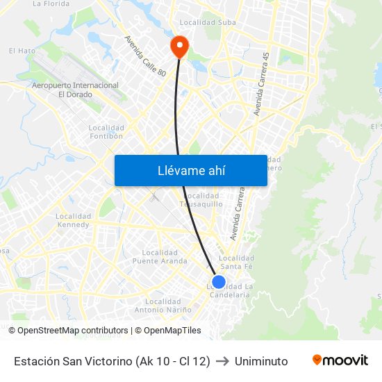 Estación San Victorino (Ak 10 - Cl 12) to Uniminuto map