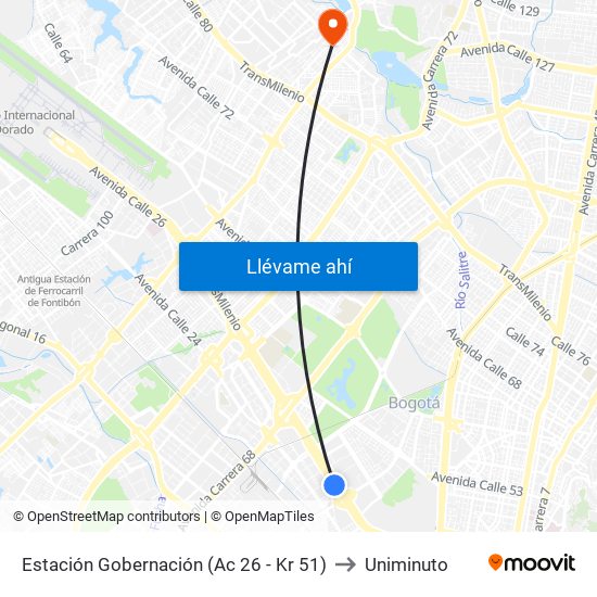 Estación Gobernación (Ac 26 - Kr 51) to Uniminuto map