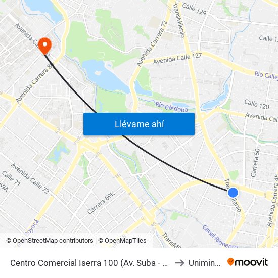 Centro Comercial Iserra 100 (Av. Suba - Cl 98a) to Uniminuto map