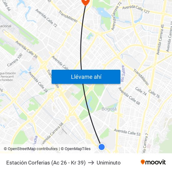 Estación Corferias (Ac 26 - Kr 39) to Uniminuto map