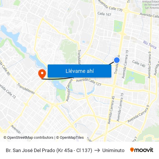 Br. San José Del Prado (Kr 45a - Cl 137) to Uniminuto map