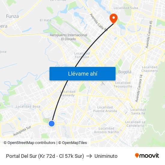Portal Del Sur (Kr 72d - Cl 57k Sur) to Uniminuto map